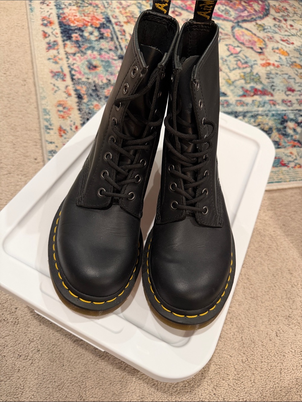 Dr. Martens Black Leather Lace-Up Boots with Yellow Stitching